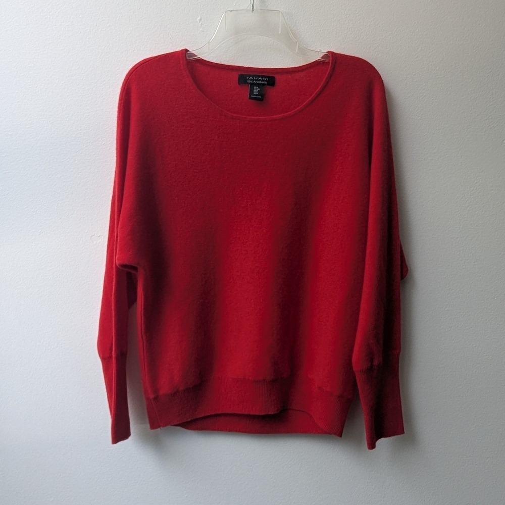 Tahari Sweater Red 100% 2 Ply Cashmere Dolman Sleeve Crew Neck Sz M Luxury Chic